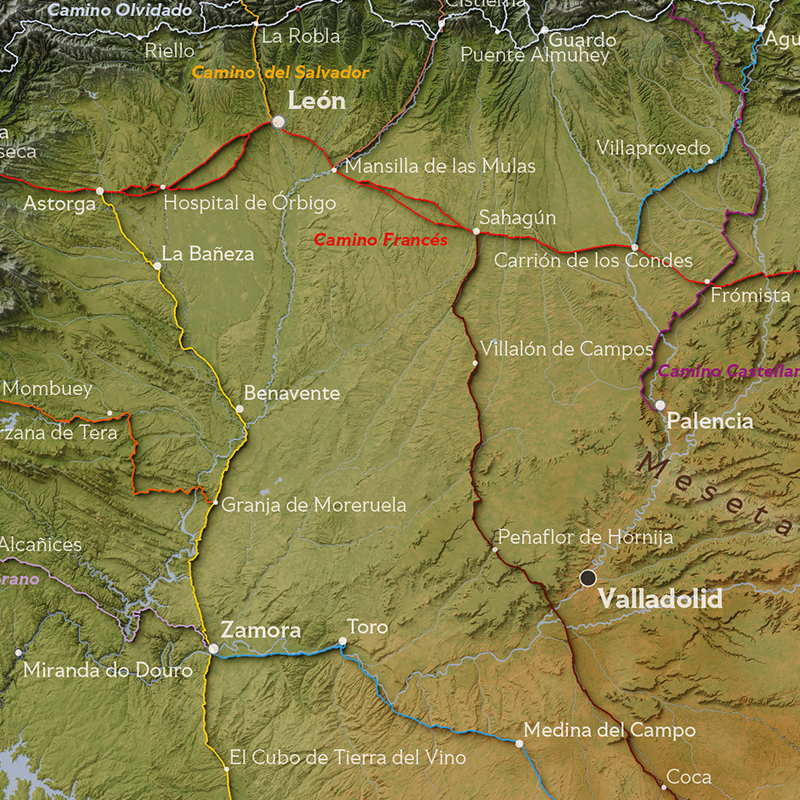 Colour Camino Map of the Iberian Peninsula