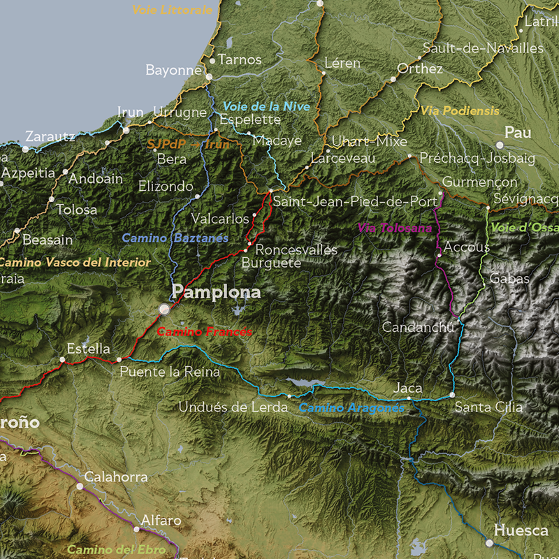 Colour Camino Map of the Iberian Peninsula