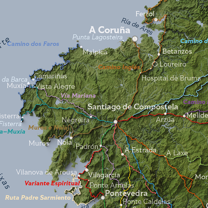 Colour Camino Map of the Iberian Peninsula